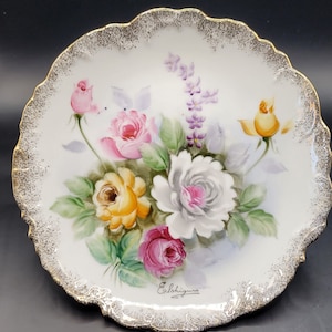 Ucagco. Made in Japan. Floral Plate with Brushed Gold Trim, Scalloped Edge. Signed: Elshigura Vintage