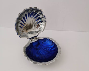 70er Jahre Muschelschale mit Glaseinsatz blau Seifenschale Dekoration