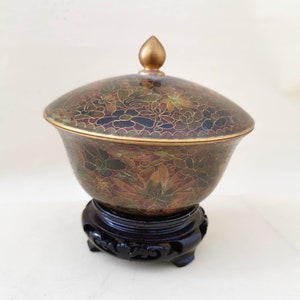 Cloisonne tin brass hand-painted enameled bonboniere lidded tin with base