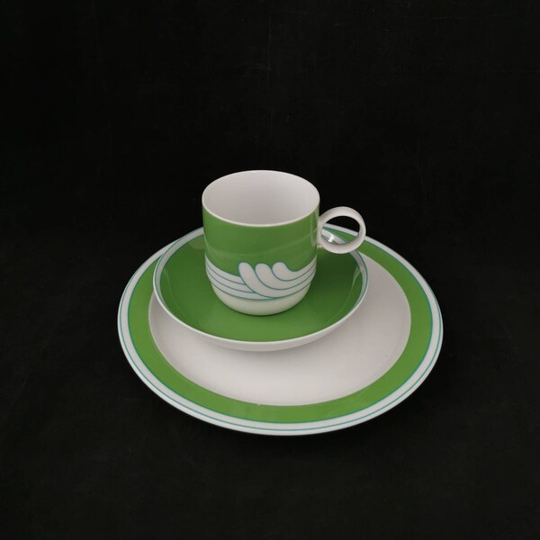 Coffee set Rosenthal studio line Duo Exotic porcelain Ambrogio Pozzi white green 70s vintage tableware plate cup 3 pieces