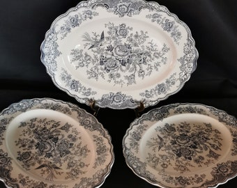 3 Antique serving plate oval plates ceramic blue vintage "Bristol" Crown Ducal England plates