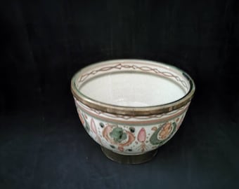 Antike Marokkanische Schale Gewürzschale Keramik Gefäß mit Messing Metallmontur Vintage Handbemalt 1920 Moorish Ceramic