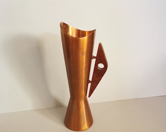 Vase en cuivre années 50 60 Rockabilly teck 25 cm vase à fleurs avec manche en bois