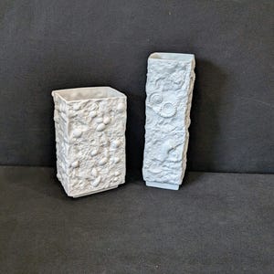 Może przedstawiać: Dwa białe, prostokątne wazony o teksturowanych powierzchniach. Jeden wazon zdobią wypukłe, zaokrąglone kształty, a drugi posiada odciski przypominające skamieniałości. Wazony to prawdopodobnie przedmioty dekoracyjne.
