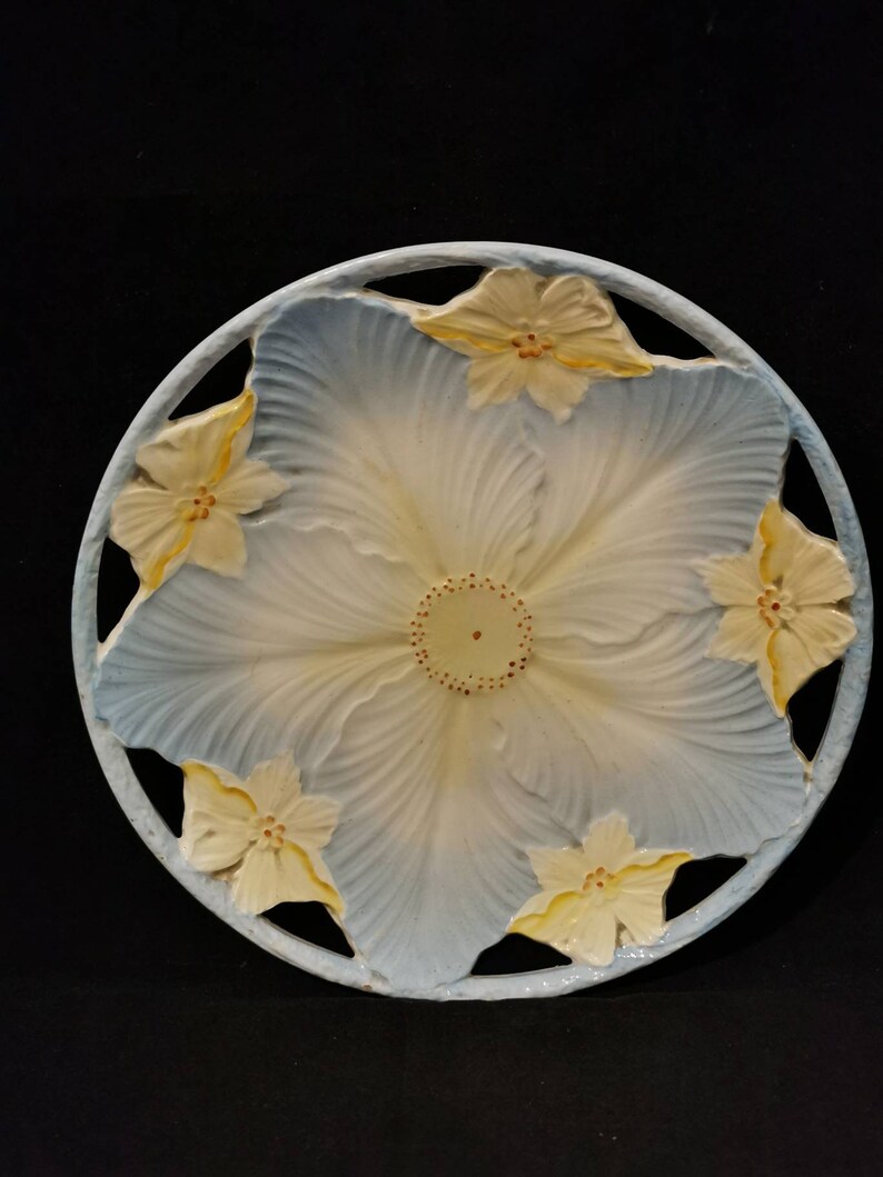 Ancient decorative plate vintage porcelain majolica ceramic art deco art nouveau light blue yellow image 7