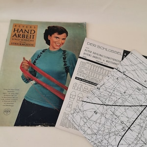 May include: A vintage magazine cover featuring a woman knitting a red scarf. The magazine is titled "Beyers Hand Arbeit und Wasche Strickmoden" and the text "Der Schlussel Beyer Originalschnittbogen Beyers Arbeits- u. Musterheft DGM Januar 1953" is visible on the bottom right corner of the image.