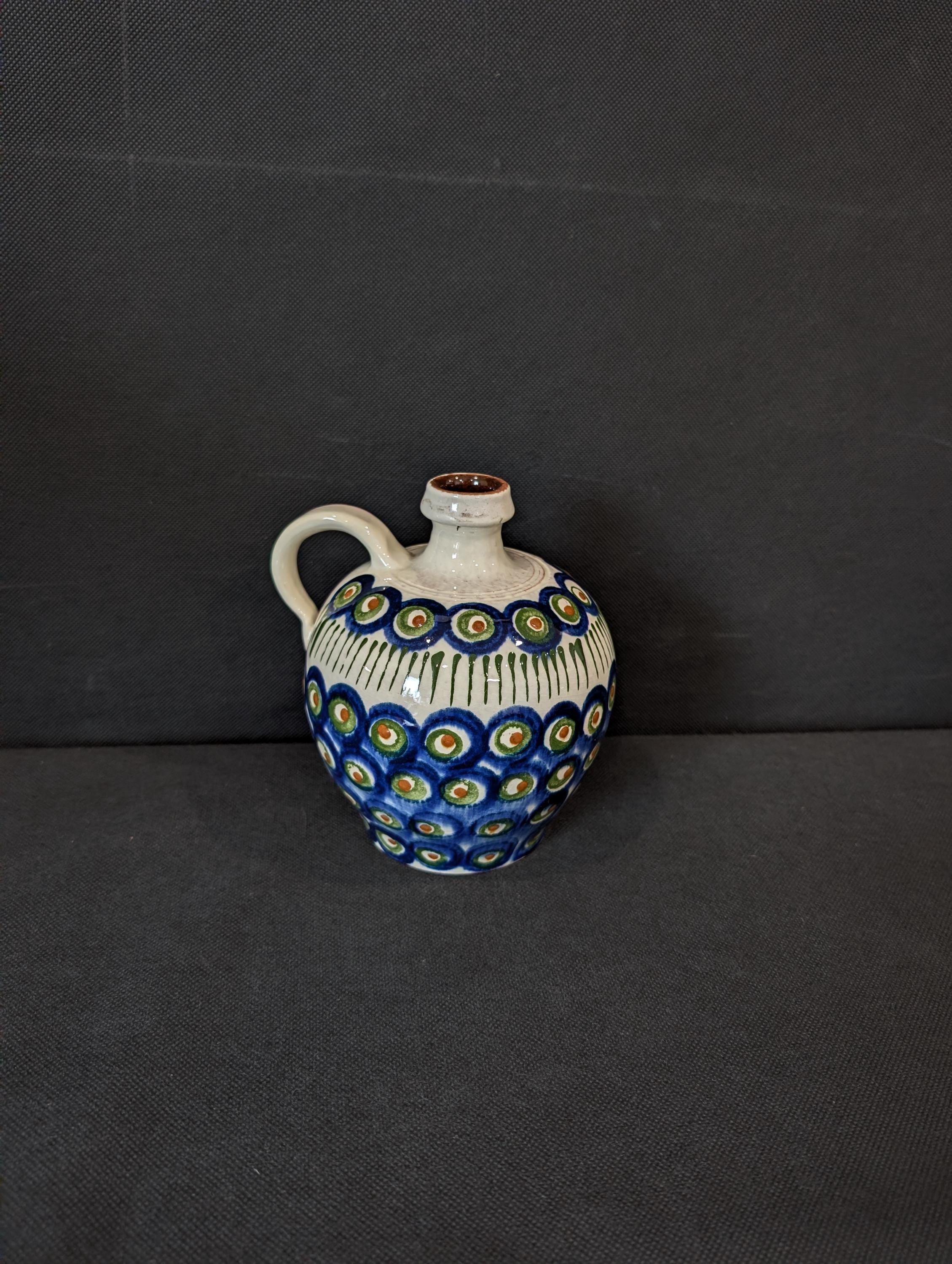 Vintage Keramik im Bunzlauer Stil alte Bunzlauer Keramik-Krug Vase Pfauenaugen-Dekor