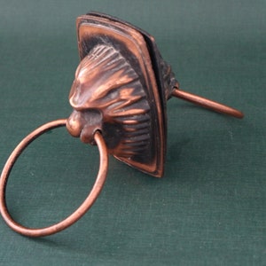 Könnte beinhalten: Ein Türklopfer aus Kupfer mit einem Löwenkopf-Design. Der Türklopfer hat einen Ringgriff und ist an einer rechteckigen Basis befestigt.