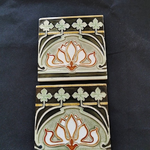 2x Art Nouveau tile abstract green flower vintage tile ceramic tile cement tile 0.7 cm
