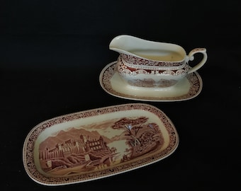 Salsiera della nonna e piatto da portata di Myotts Cambridge Old England Staffordshire Ironstone rosso bianco