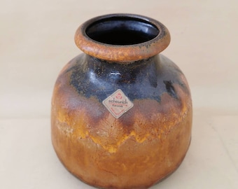 Vintage 70er Fat Lava Vase schön schräg Blumenvase Tischvase orange braun Scheurich 15cm