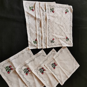 4x vintage placemats tafel en 4x stoffen servetten sets tafelkleed decoratie vintage jaren 70 roze katoenen onderzetters