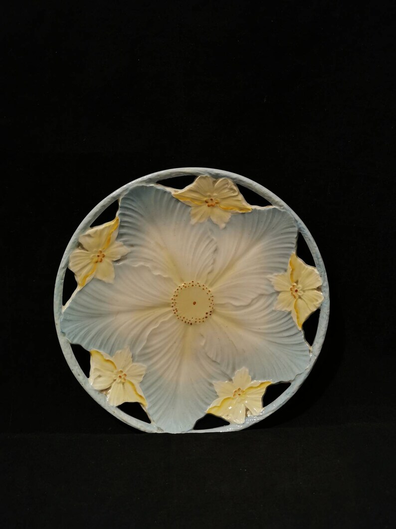 Ancient decorative plate vintage porcelain majolica ceramic art deco art nouveau light blue yellow image 5