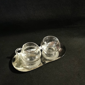 Vintage sugar bowl and milk jug shabby crystal glass WMF s-collection stainless steel Cromargan coaster silver plated