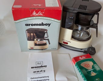 Melitta Aroma Boy de luxe mini kaffemaskin vintage 70-tals retro med kartong kompakt kaffebryggare aromaboy 1-2 koppar