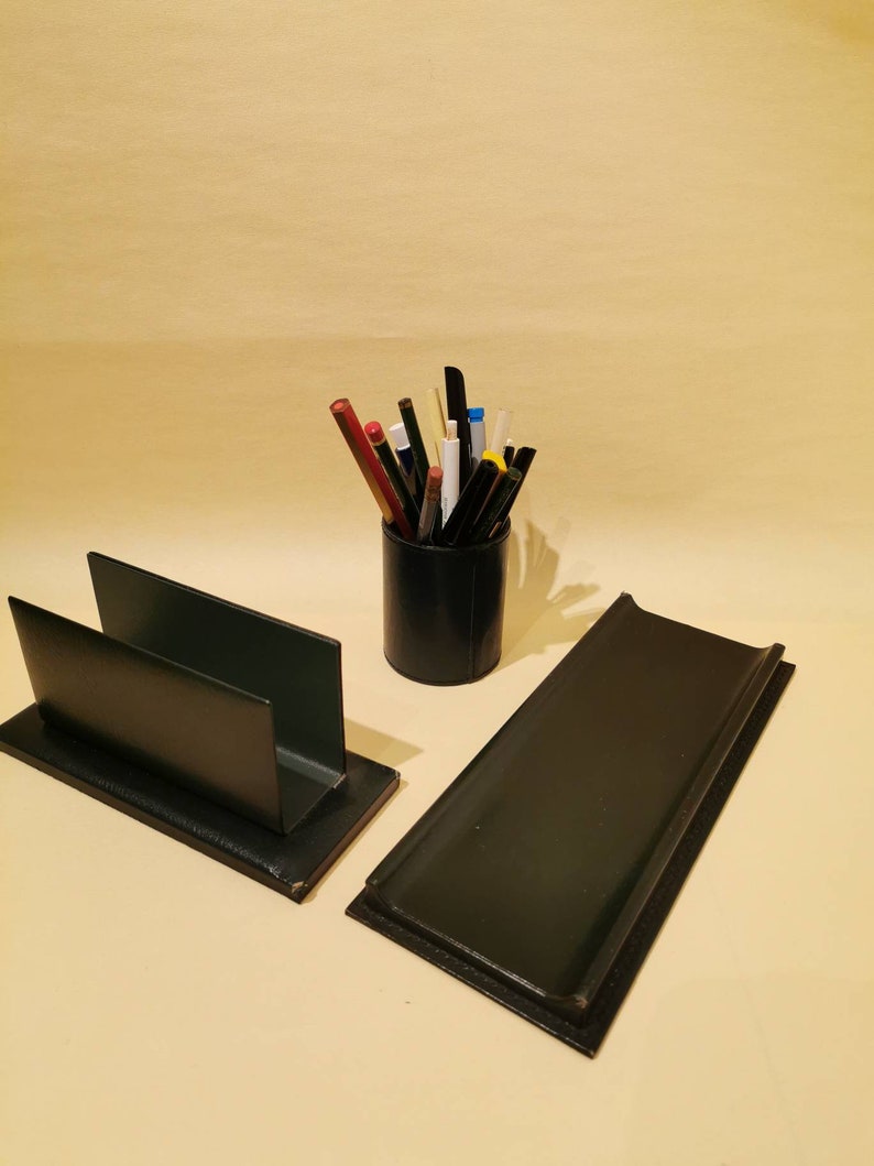 Vintage Genuine Leather Set Desk Pen Holder Tray Etsy