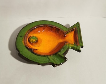 Aschenbecher Vintage 1970er Bückeburg Grün und Orange Fisch WandKunst Skulptur 4067 17 West German Pottery Jahre Design Keramik