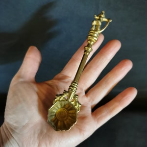 Solid brass incense spoon, Lord Krishna peacock design, Baroque decorated decorative spoon, brass sugar spoon, wick snuffer