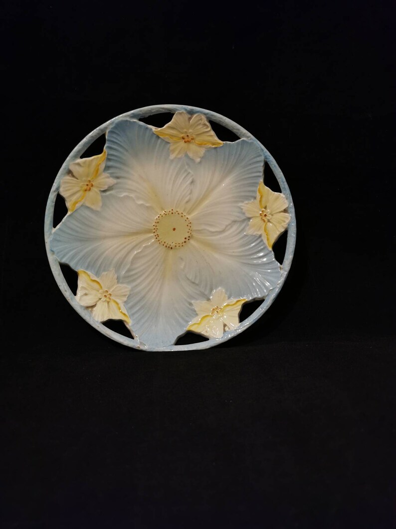 Ancient decorative plate vintage porcelain majolica ceramic art deco art nouveau light blue yellow image 1