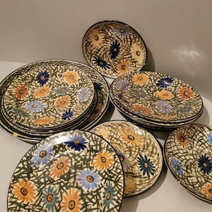 Antique hand-thrown ceramic 12 plate pieces coaster serving plate vintage