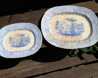 2 Antike Servierplatten Witteburg um 1900 ovale Platten Keramik blau Vintage