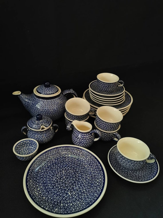 Bunzlauer Keramik Kringel Dekor 63 Set 6 Personen Teekanne Jahre Teeservice Vintage Set Steingut Rarität Heiße Polen 22 Teile