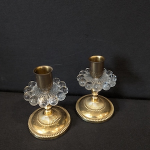 2 pieces candle holder 70s shabby vintage art nouveau brass and glass candlestick