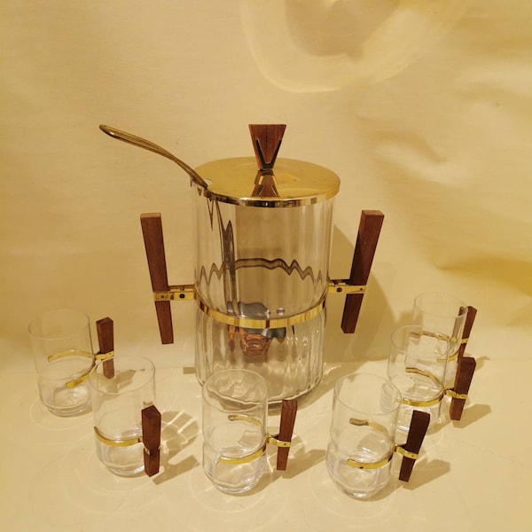 50er Jahre Bowleset Glas Design Grog Teak Punch Messing Vintage Gläser Rarität