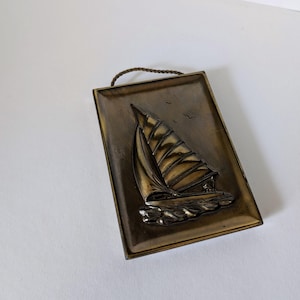 Vintage lucky charm sailboat ship wall picture made of metal 50s brass West Germany boat