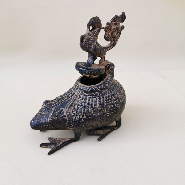 Petite Grenouille Romaine comme Encrier Encens Bronze Figurine Sculpture Asie Laiton Shabby Vintage Lampe à Huile Encrier