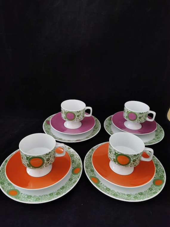 Vintage buntes Kaffeeservice bunt Porzellan Eschenbach 4 Personen 12tlg Tassen Teller Kaffee Tafel Prilblume Retro 70er