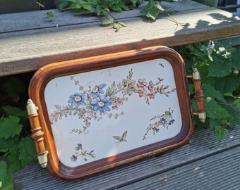 Altes Porzellan Tablett Art Deco shabby Holz Deko schönes Tablett aus den 1920er Jahren mit Blumen Dekor Keramik Holzrahmen Holztablett