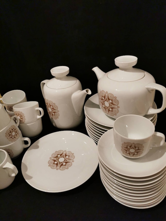 Hutschenreuther Rendezvous 10 Personen braun Kaffeeservice 70er Jahre Retrodesign Kaffeekanne Teekanne Teller Kuchenteller Service Porzellan
