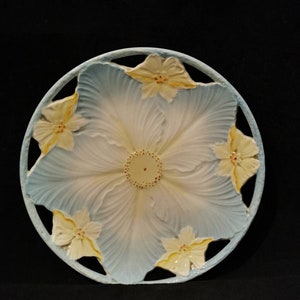 Ancient decorative plate vintage porcelain majolica ceramic art deco art nouveau light blue yellow image 3