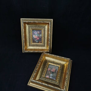 2x Vintage picture on silk Flowers by Williams gallery Satin GB flowers wall decoration pictures