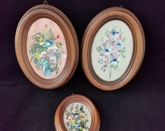 3x Belles images Vintage Image Peinture à l’huile Bouquet de fleurs Cadre en bois Peinture à l’huile peinte à la main Aquarelle Cadre ovale