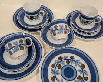 Conjunto de café para 4 pessoas, porcelana azul, xícaras de café, pires, pratos de bolo, louça de porcelana "Blue Olive" da Hutschenreuther.