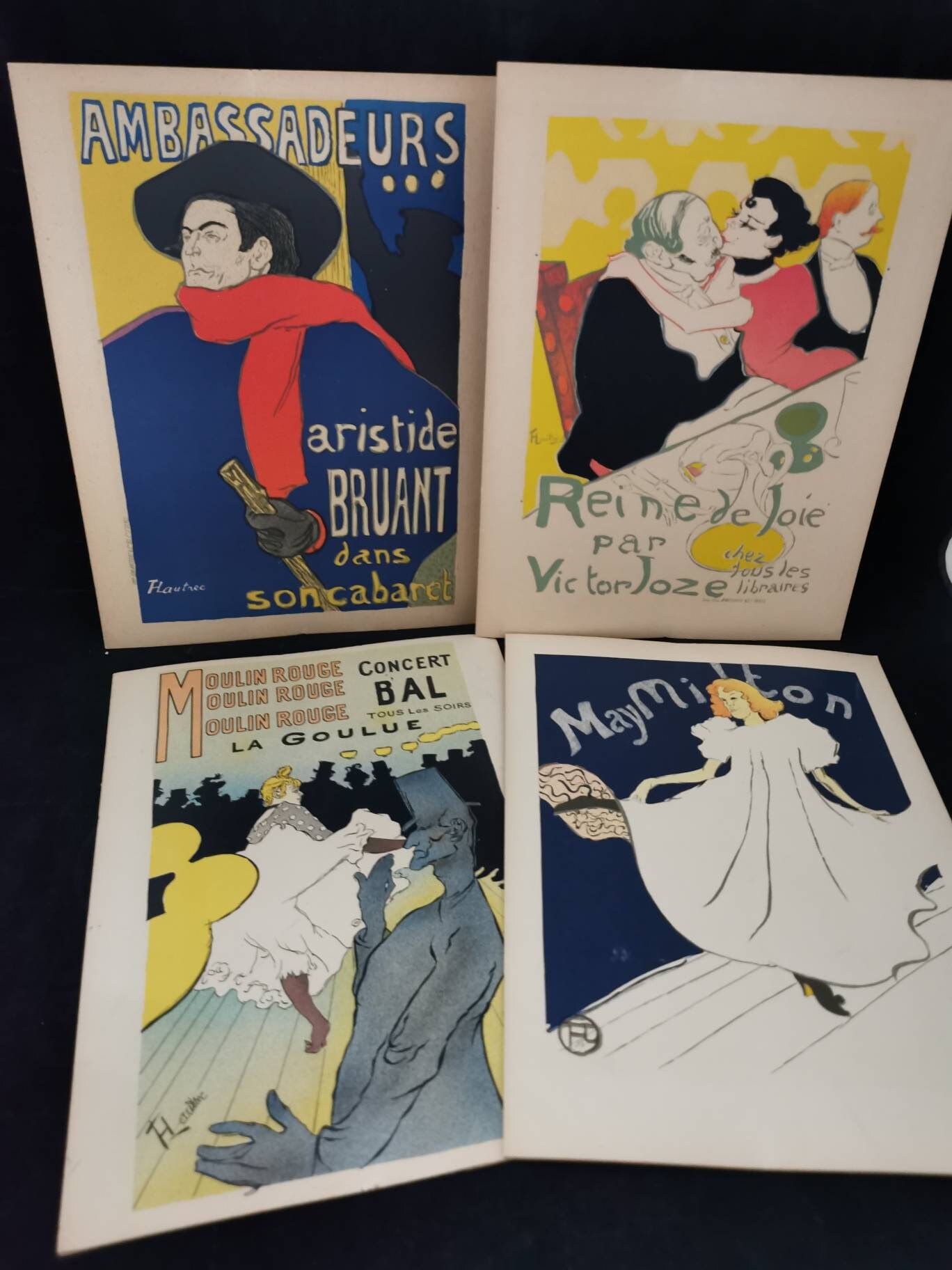 4 fabulous lithograph prints cardboard art Parisian Nights Moulin Rouge May Milton Henri de Toulouse-Lautrec La Goulue Valentin le Désossé