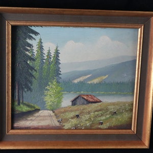 Schönes Gemälde gemaltes Vintage Bild gerahmt Landschaft & See 50er signiert Maurer