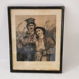 Beau tableau vintage peint Bulgarie Roumanie encadré très ancien costume signature années 30