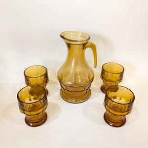 Vintage set 5 pieces jug glass carafe glass jug 1960s-70s Italian amber glasses glassBormioli Made in Italy