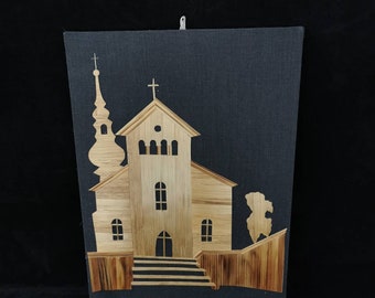 Vintage Bast Bild Deko Wandbild Handarbeit 50er Jahre Midcentury Rarität Polen Opole Kirche