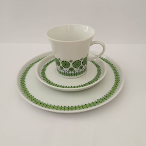 Coffee set Melitta 60s porcelain white green 70s vintage tableware plate cup 3 pieces