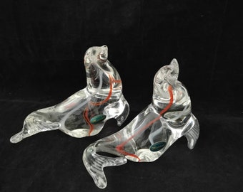 2 tolle Murano Italy Glas Seelöwe Seehunde Glas KunstVintage 70er Jahre Italien