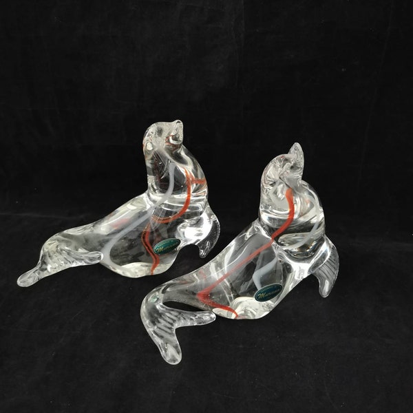 2 grands sceaux de lion de mer en verre de Murano Italie art du verre vintage des années 70 Italie