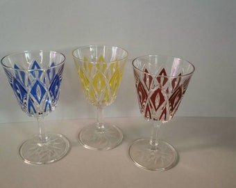 3 colorful liqueur glasses 50s glass France French VMC Reims glass wine glass