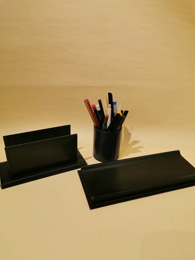 Vintage Genuine Leather Set Desk Pen Holder Tray Etsy