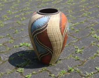 Vintage floor vase sgraffito large vase 60s vintage 32 cm incised decor table vase SAWA