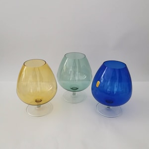 Copas de coñac de cristal vintage de gran tamaño y coloridas, juego vintage de 3 copas de coñac para bodega de fiesta sopladas a boca