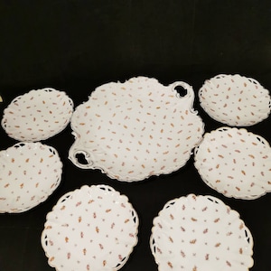 Sällsynt vintage porslinsskål och tallriksset, Rosenthal antik, spritt blommönster, Art Nouveau godisfat, 7 delar